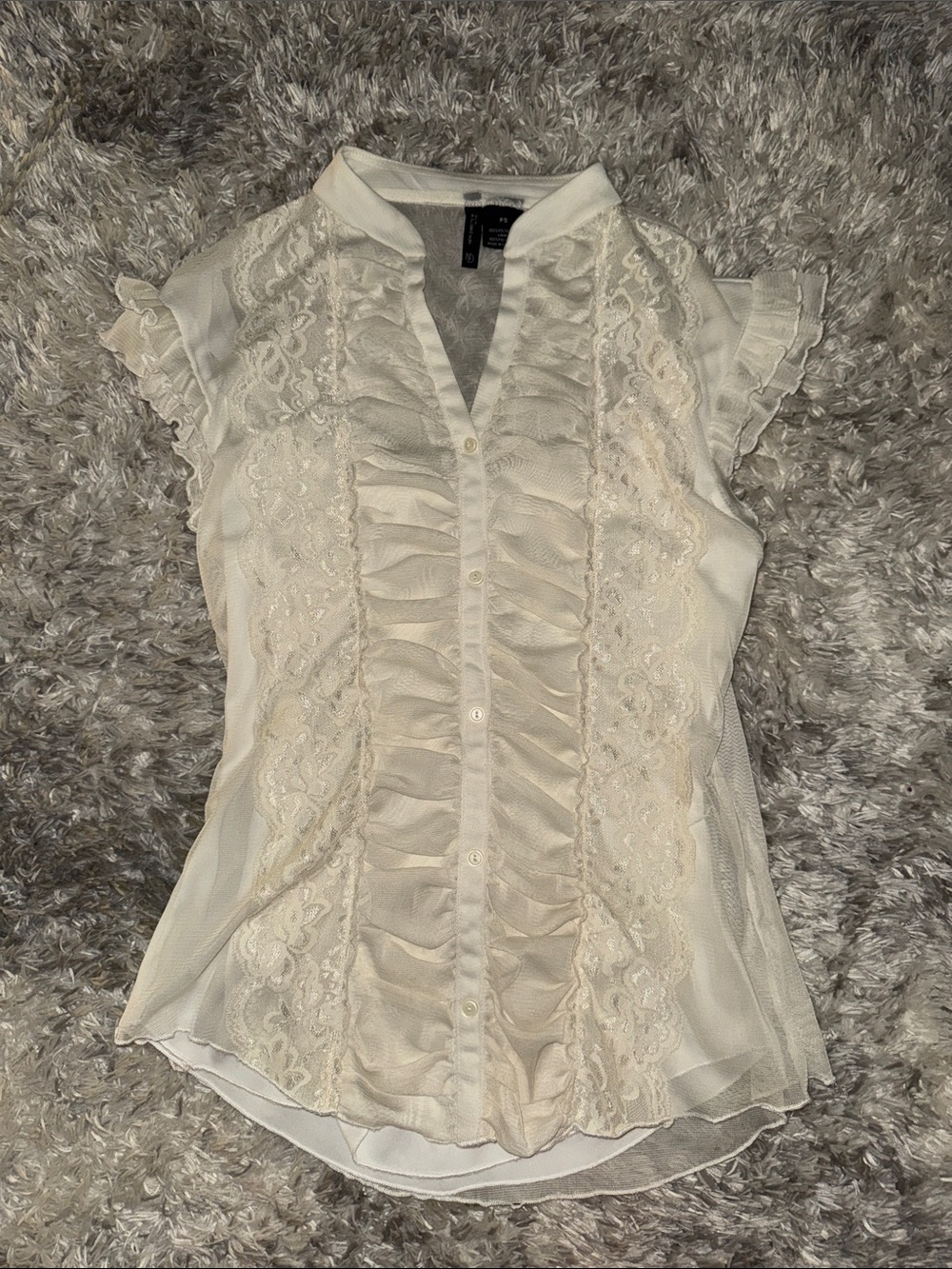 Vintage Cream Ruffled Lace Button-Front Blouse